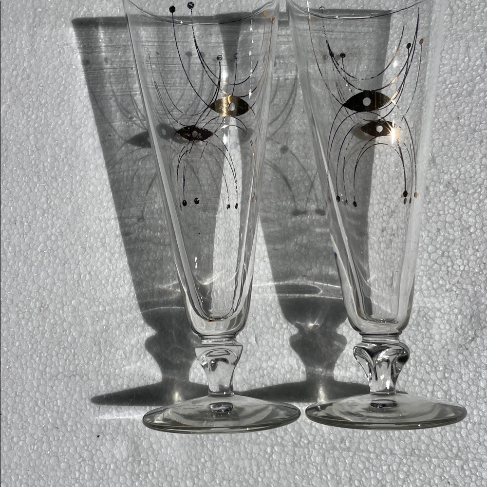 2 Vintage MCM Libbey Gold Atomic Pilsner Glasses With gold details